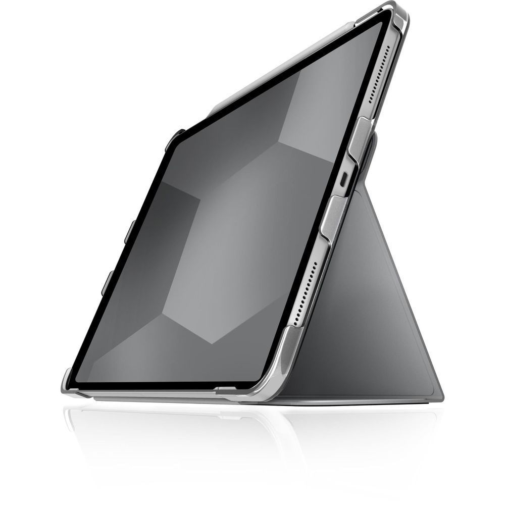 Grey folio case for iPad with stand, angled view