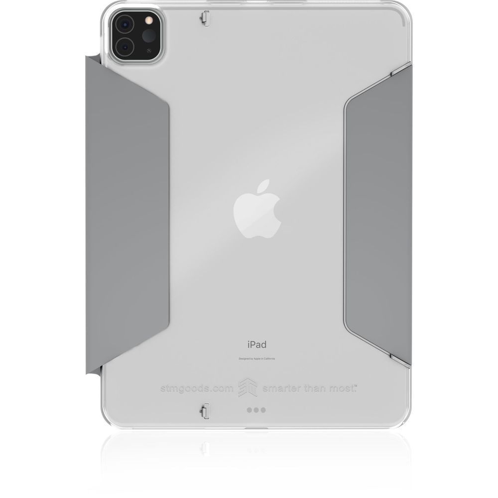 Grey iPad case with cutouts and Apple logo, back view