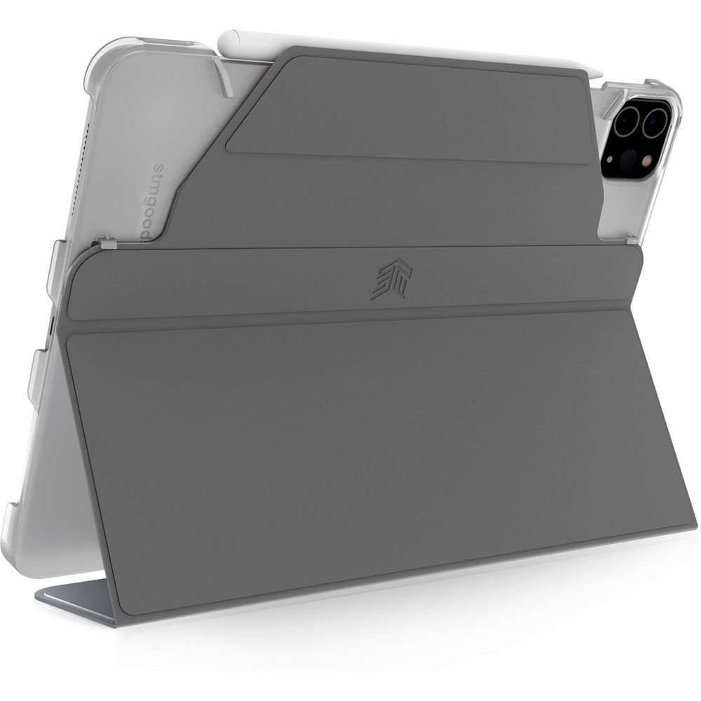 Grey folio tablet case with magnetic cover and stand, open view