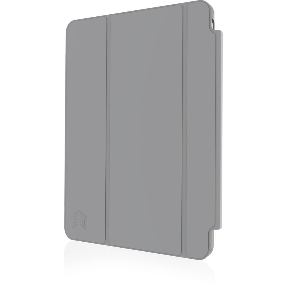 Grey protective iPad case with vertical hinge panels, side view