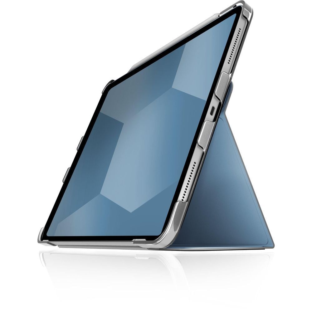 Blue folio iPad case with adjustable stand for screen viewing angle