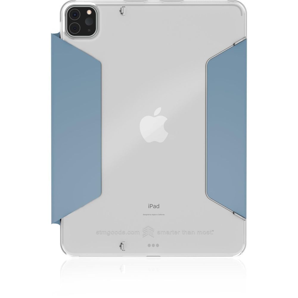 Blue-and-white iPad case with Apple logo, rear protection cutouts