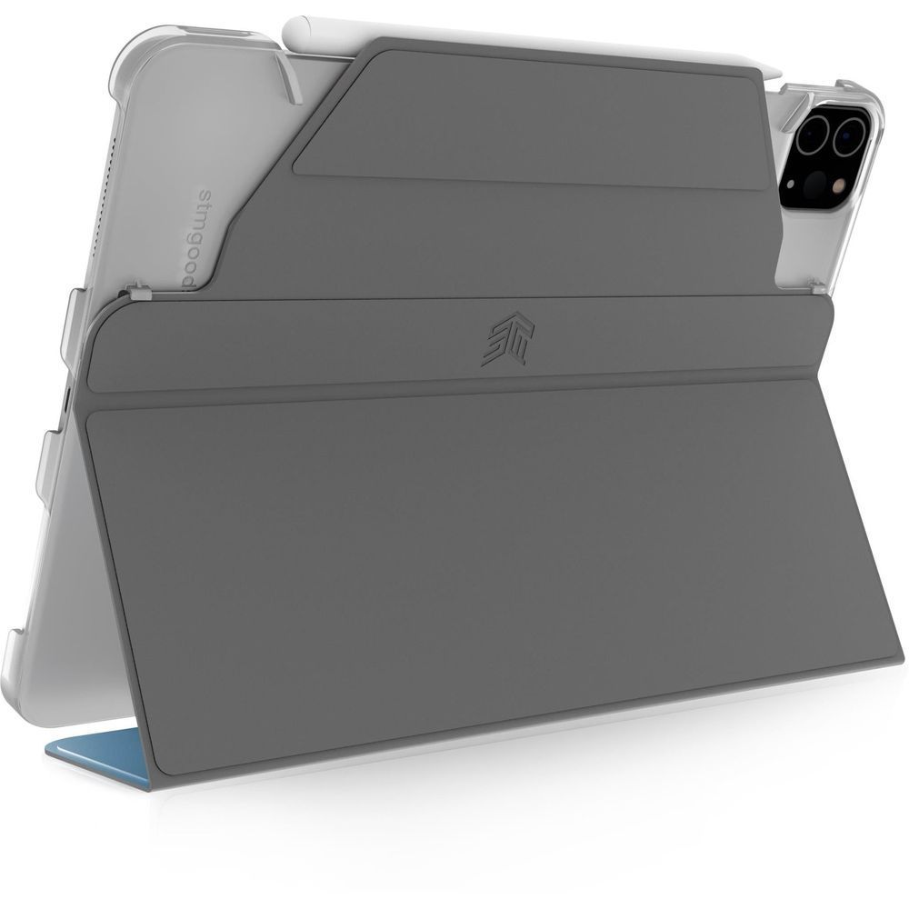 STM Studio iPad case with gray folding cover and blue outer shell