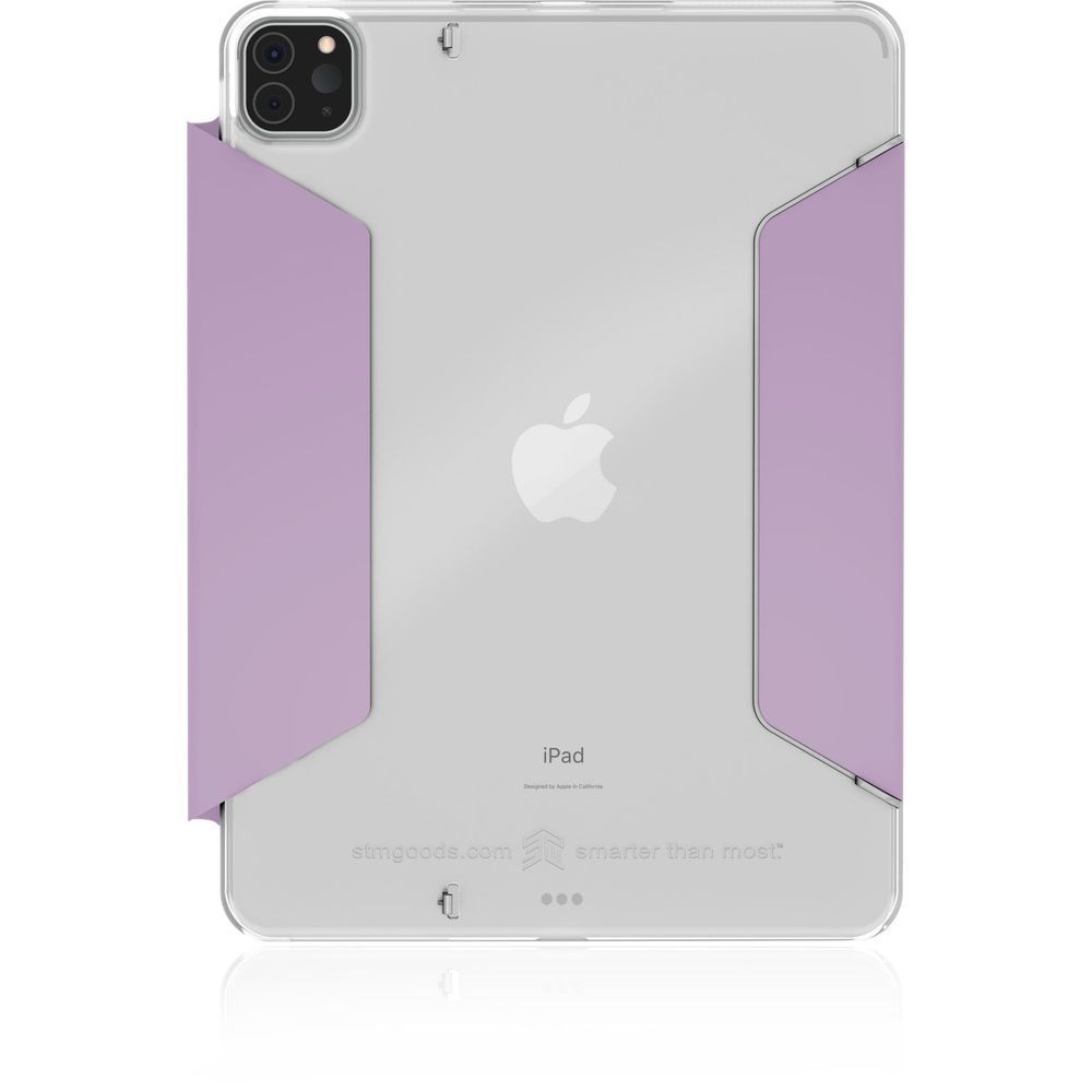 Purple and gray iPad case back with camera cutout and grip panels