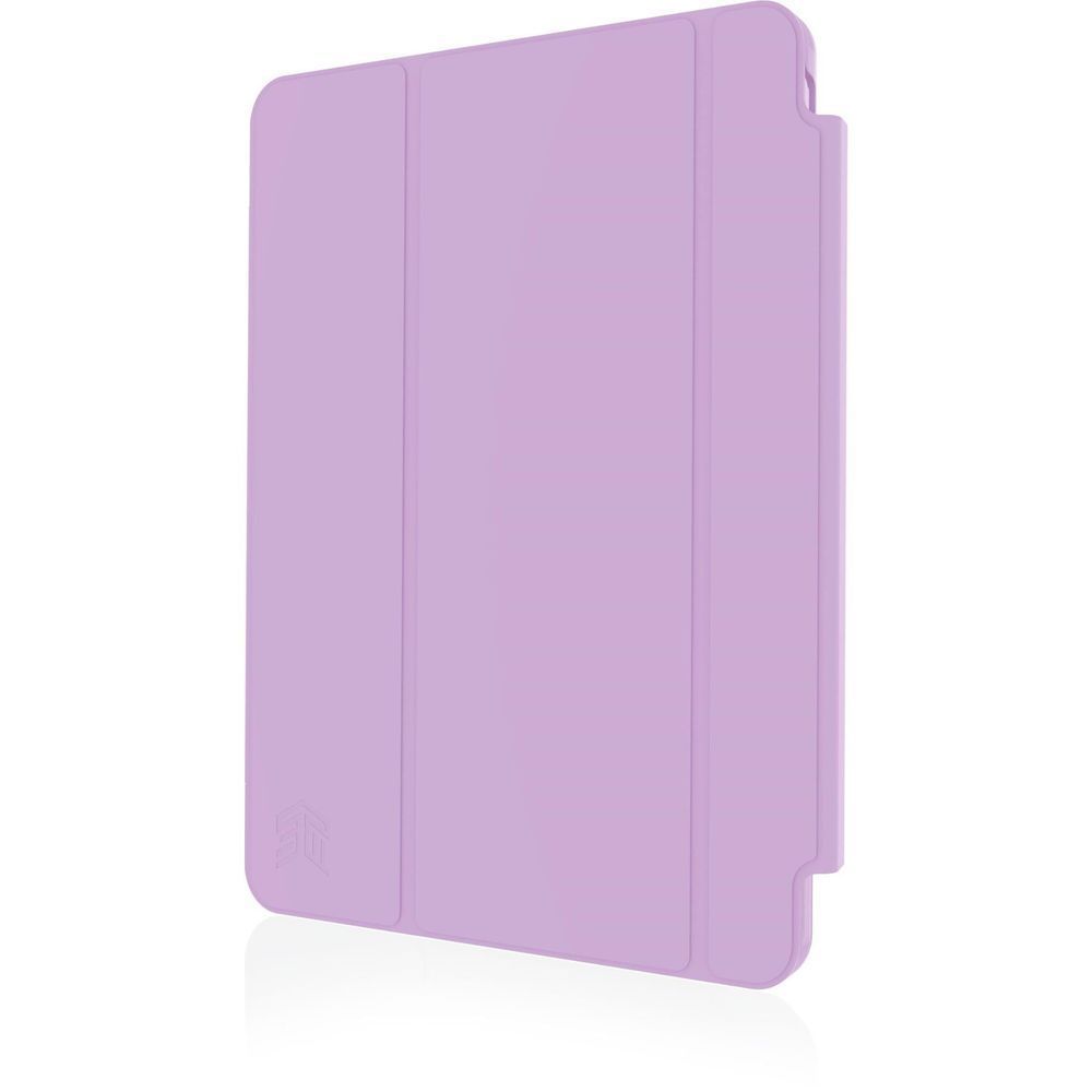 Purple folio iPad case, closed with three-panel design and edge openings