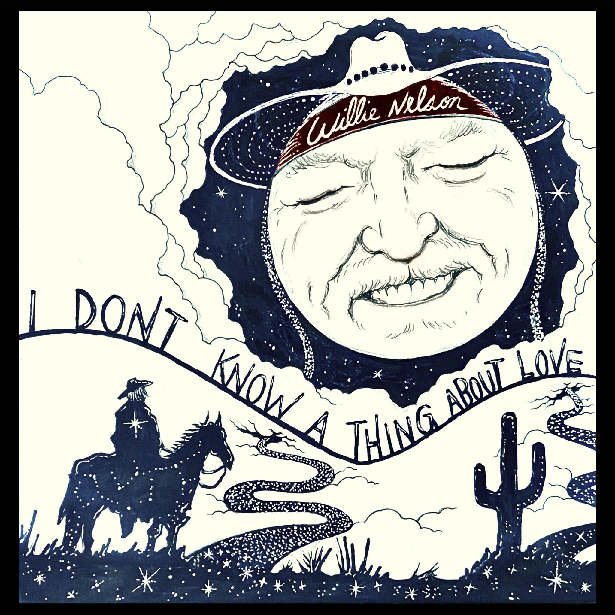 Willie Nelson love songs album cover, smiling portrait in hat with cowboy silhouette