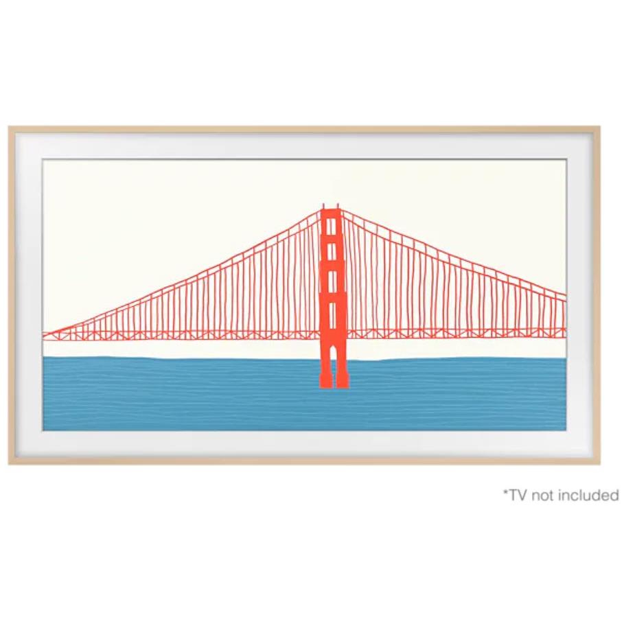 Beige framed display with red bridge artwork insert and white border