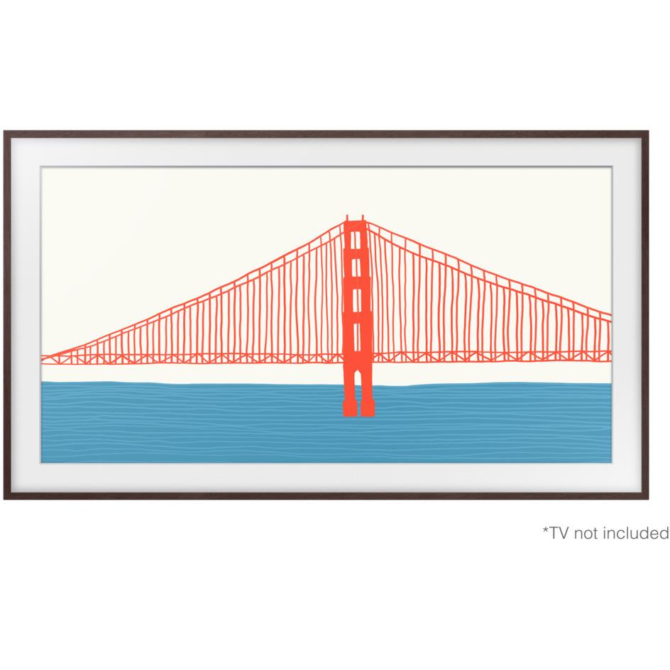 Brown framed artwork with bridge illustration inside a TV bezel frame