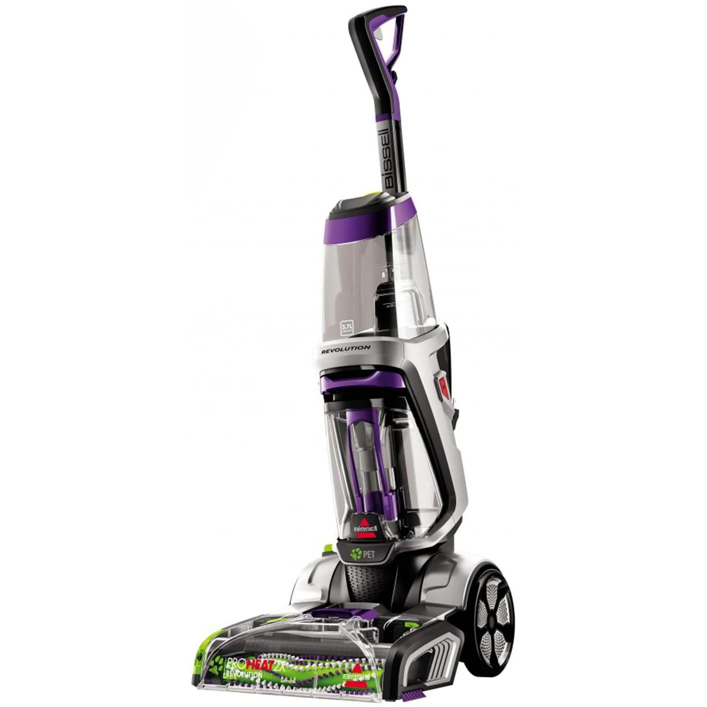 Upright carpet cleaner in black and purple with clear solution tank and nozzle