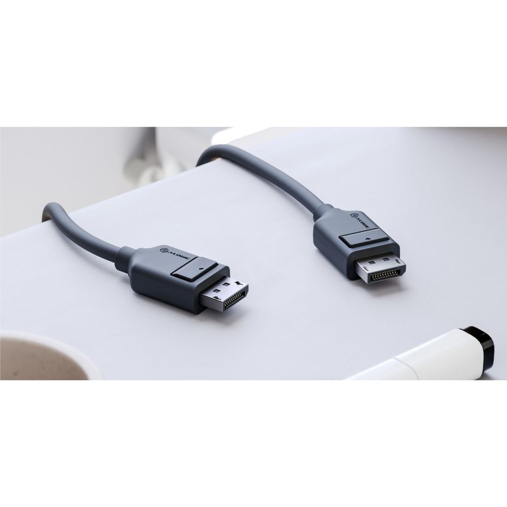 2m DisplayPort cable with black DP male connectors, dual end view
