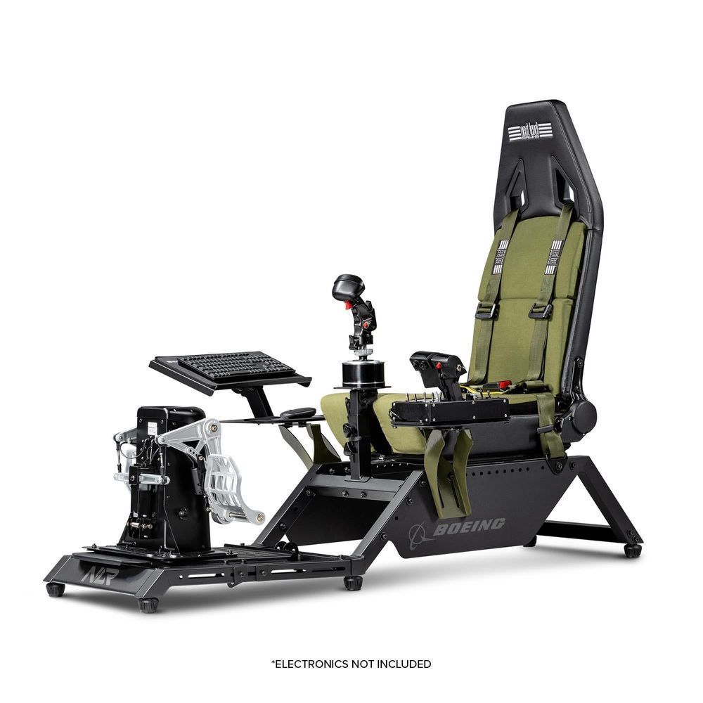 Flight simulator cockpit with black control base, joysticks, olive seat, and side keyboard tray