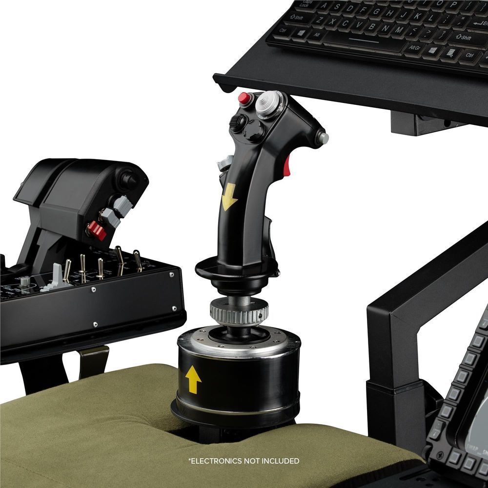 Simulator throttle and joystick controls with black base and olive seat cushion
