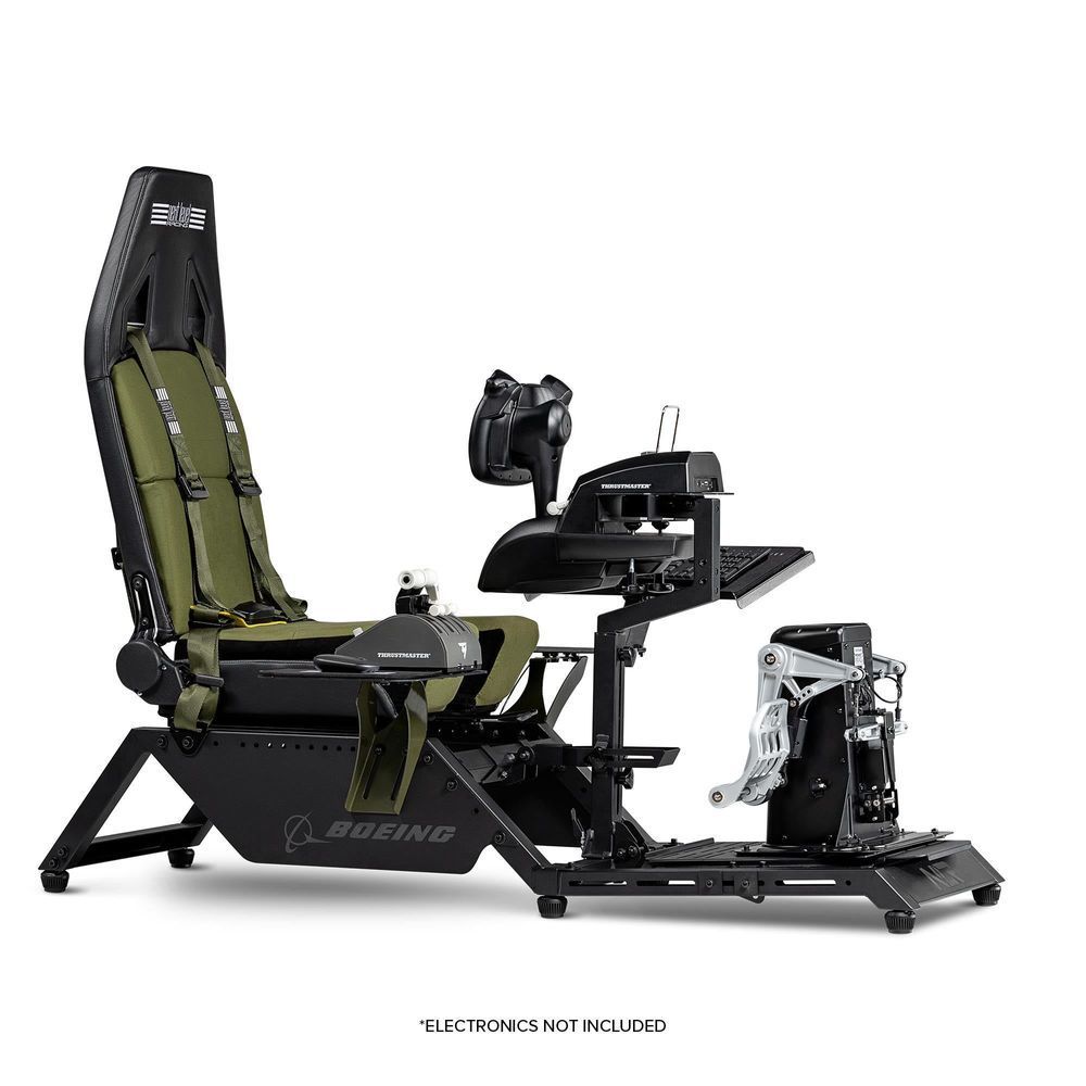 Flight simulator cockpit with black frame and olive padded seat, side controls and foot platforms