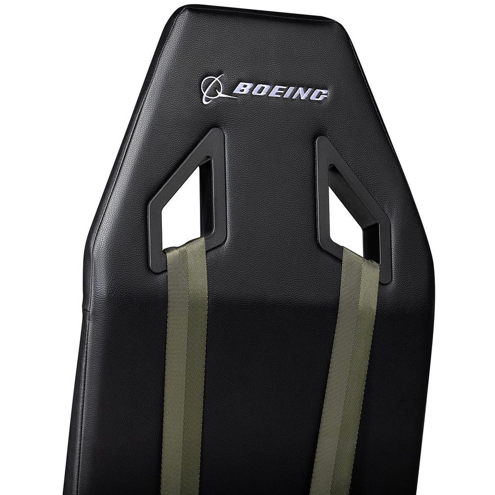 Black and olive simulator seat back with BOEING logo and two side cutout panels