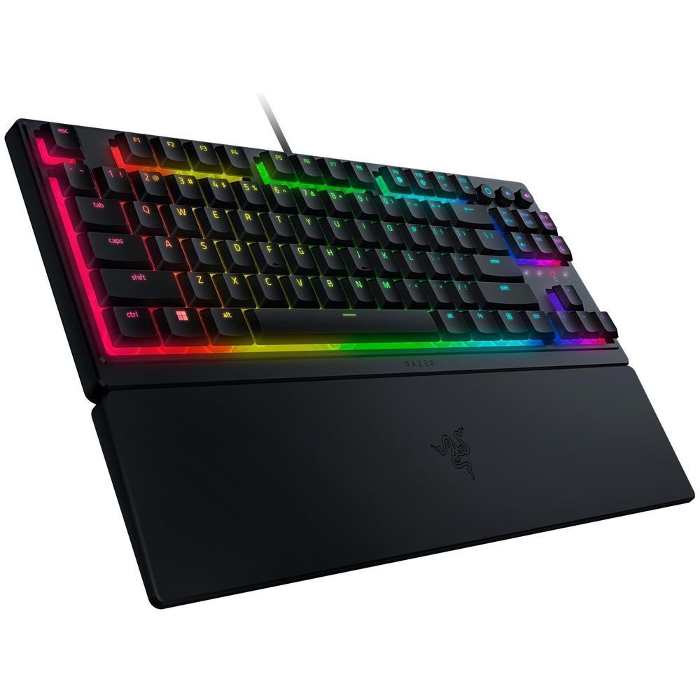 Razer low-profile tenkeyless gaming keyboard, RGB backlit keys on black palm rest