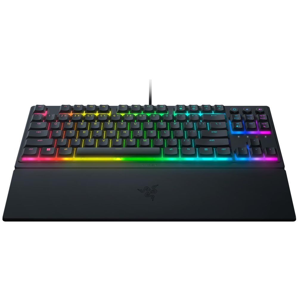 Razer low-profile tenkeyless gaming keyboard, top view with rainbow RGB keys on black