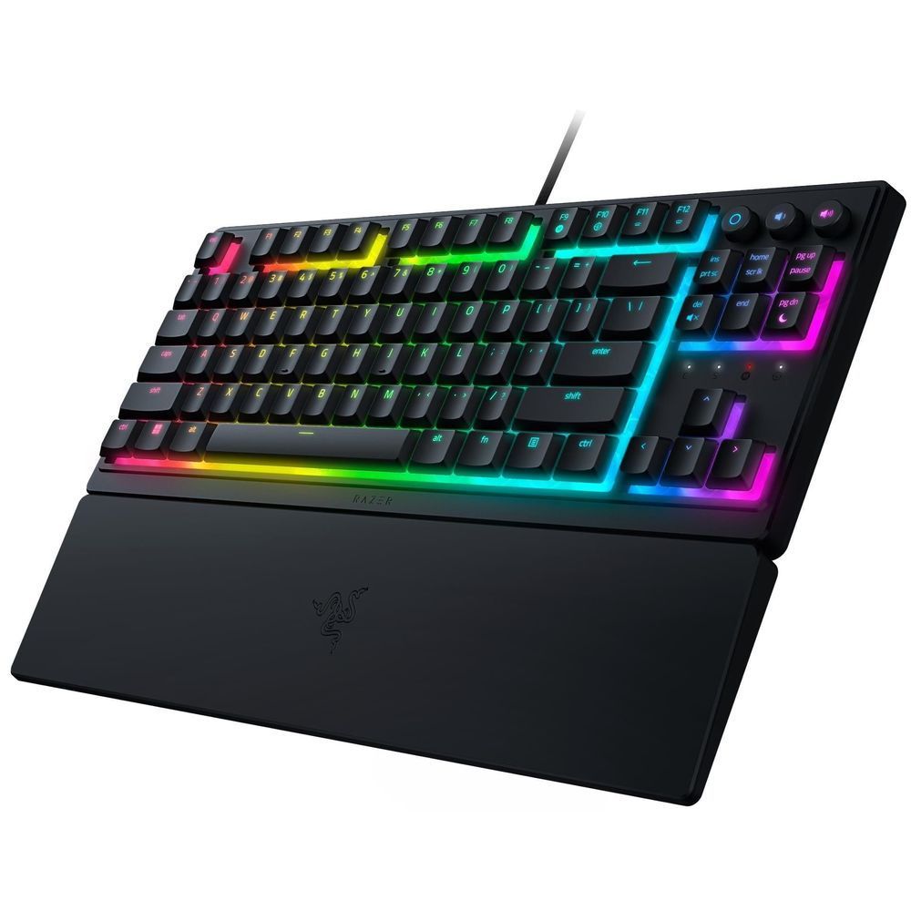 Razer low-profile tenkeyless gaming keyboard, RGB backlit keys on black with cable