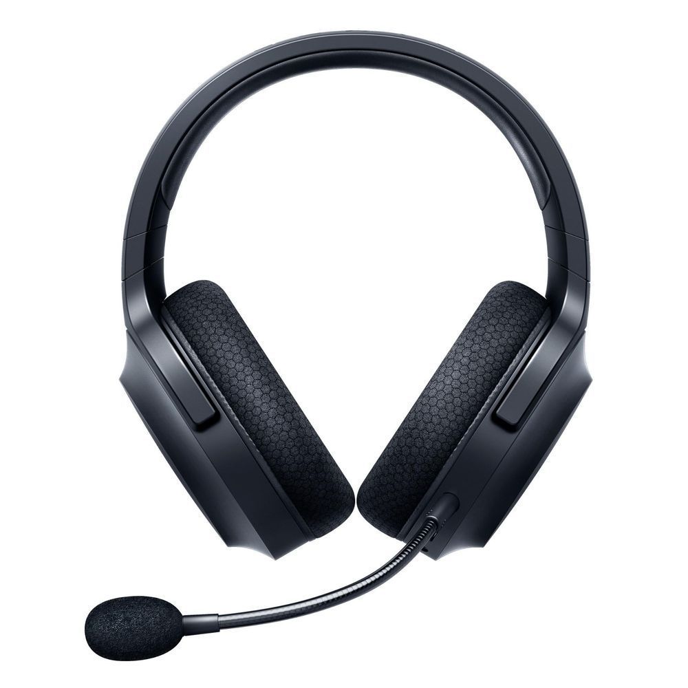 Black over-ear wireless gaming headset with boom mic and cushioned headband