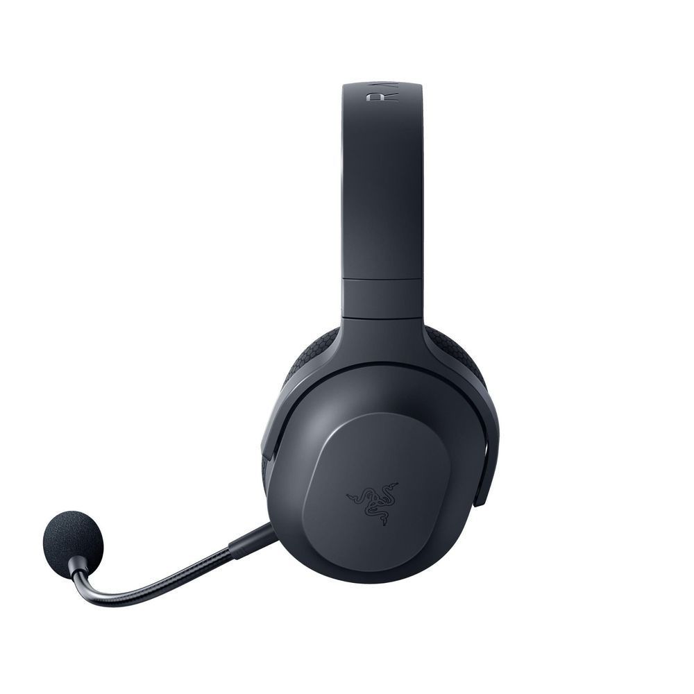 Black over-ear wireless headset with swivel earcups and boom microphone