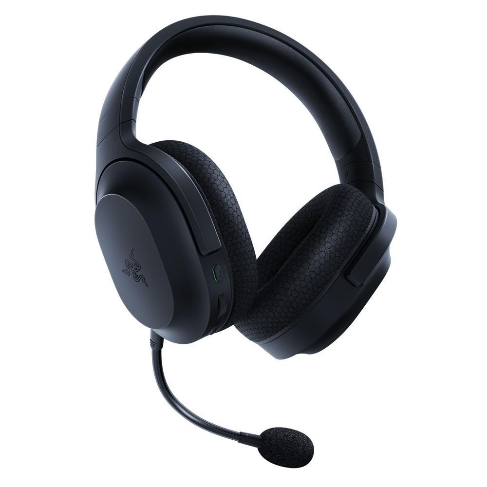 Black over-ear wireless gaming headset with control buttons and boom mic