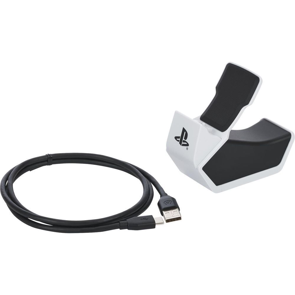 White charging station base with black cradle and USB cable, product isolated