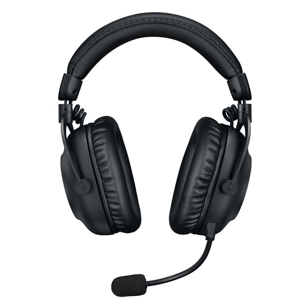 Black wireless gaming headset with headband, over-ear cups, and boom microphone