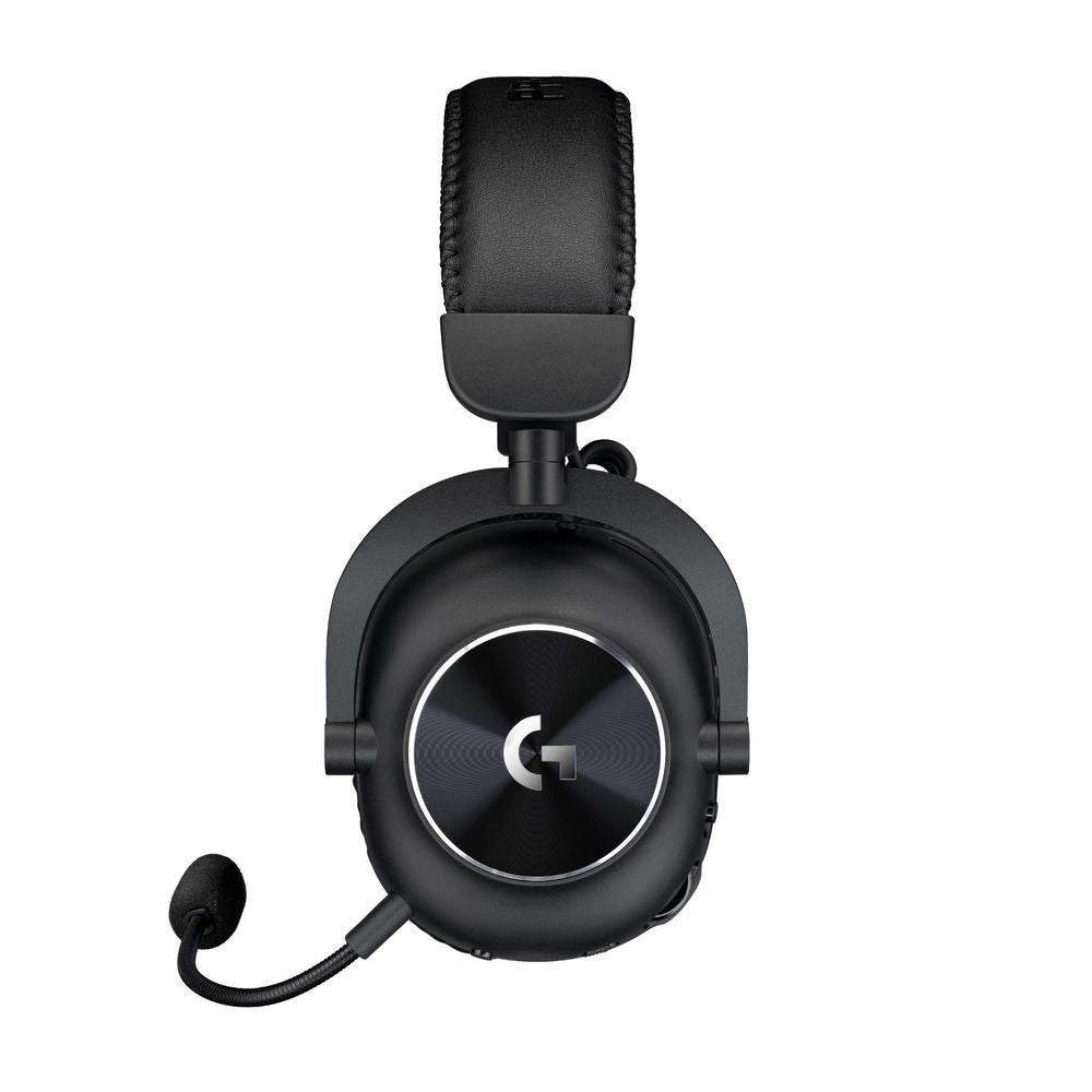 Black wireless gaming headset side view with headband and boom mic