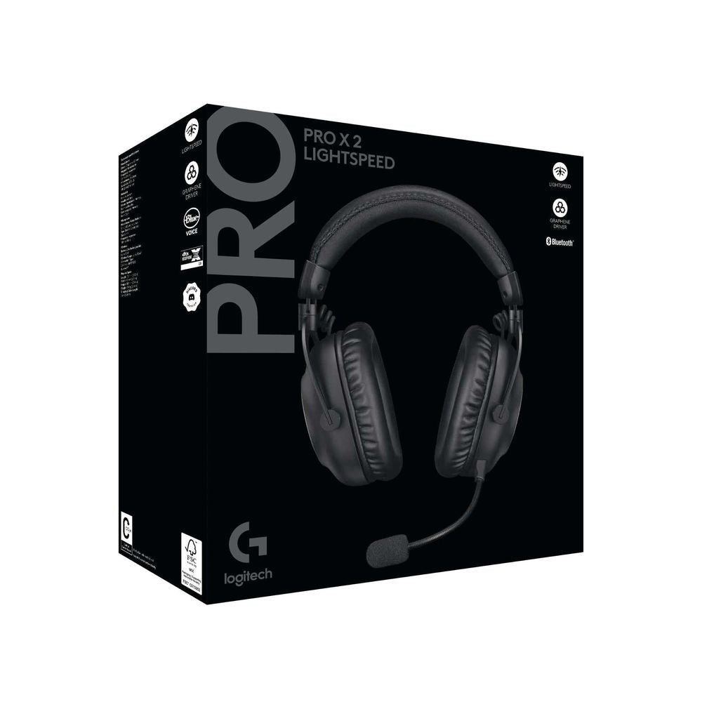 Logitech PRO X 2 LIGHTSPEED headset retail box showing over-ear headset and mic