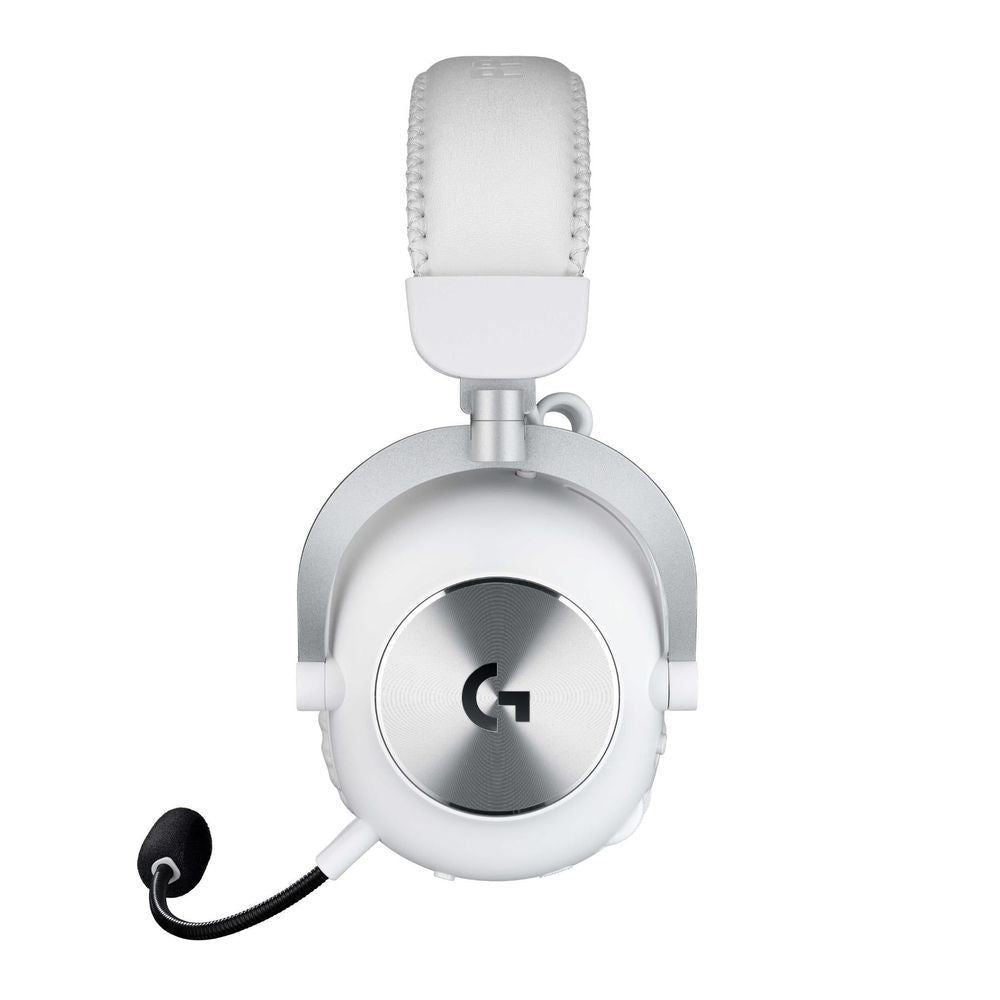 White over-ear gaming headset with round earcup controls and padded headband