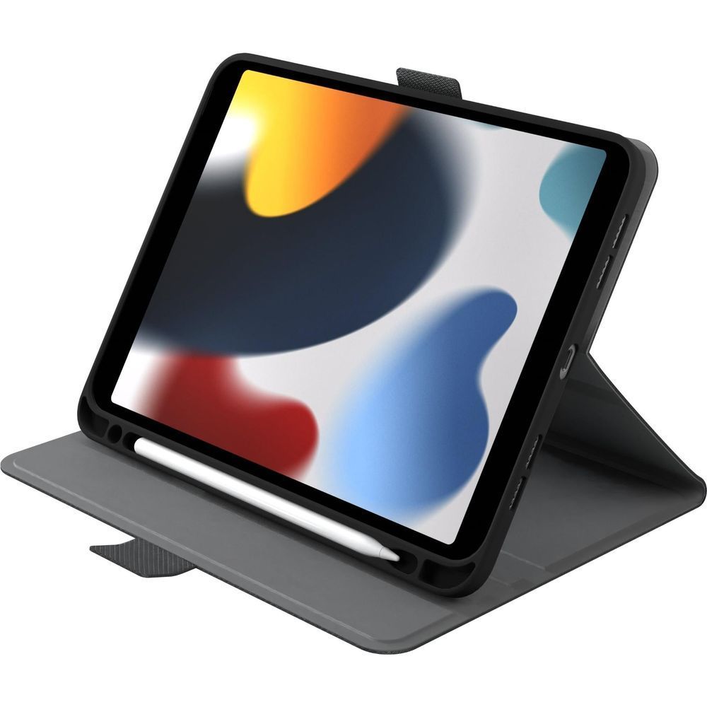 Black and grey tablet folio case with kickstand, screen protector window