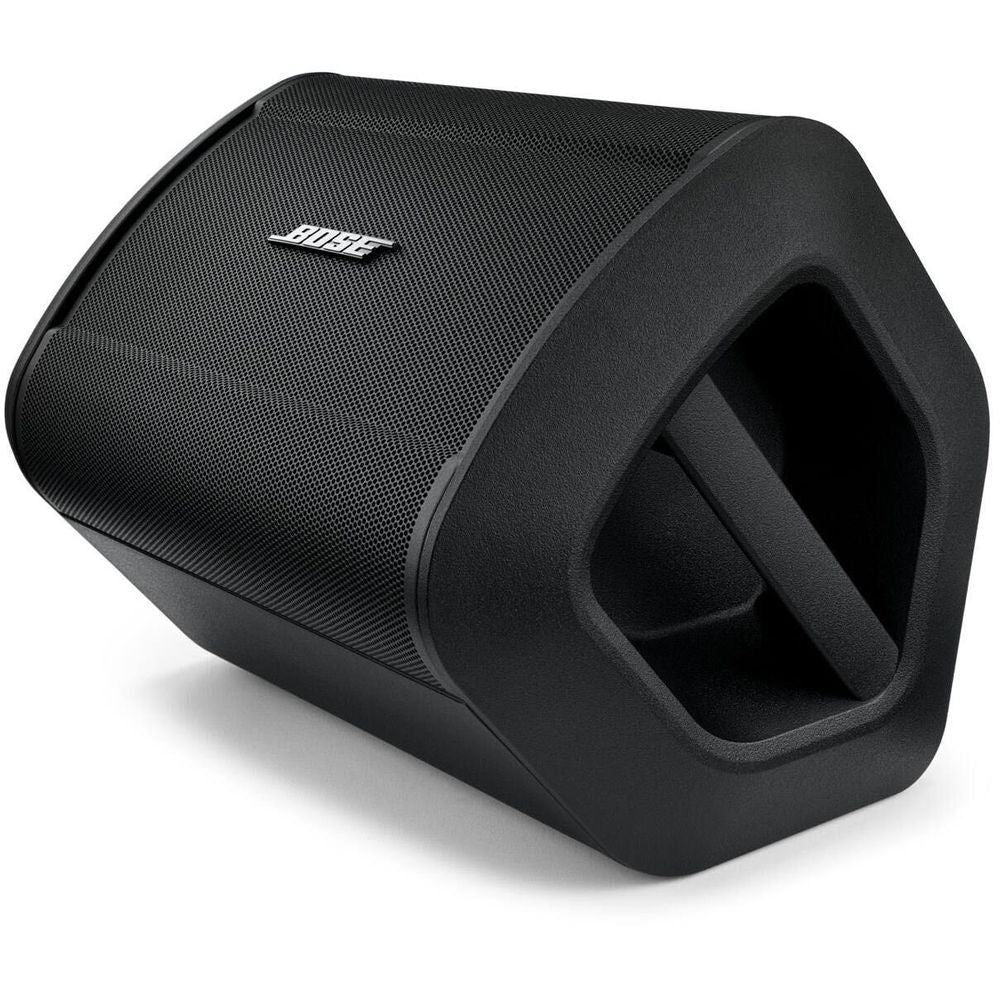 Black Bose portable PA speaker side view with angled speaker housing and handle area