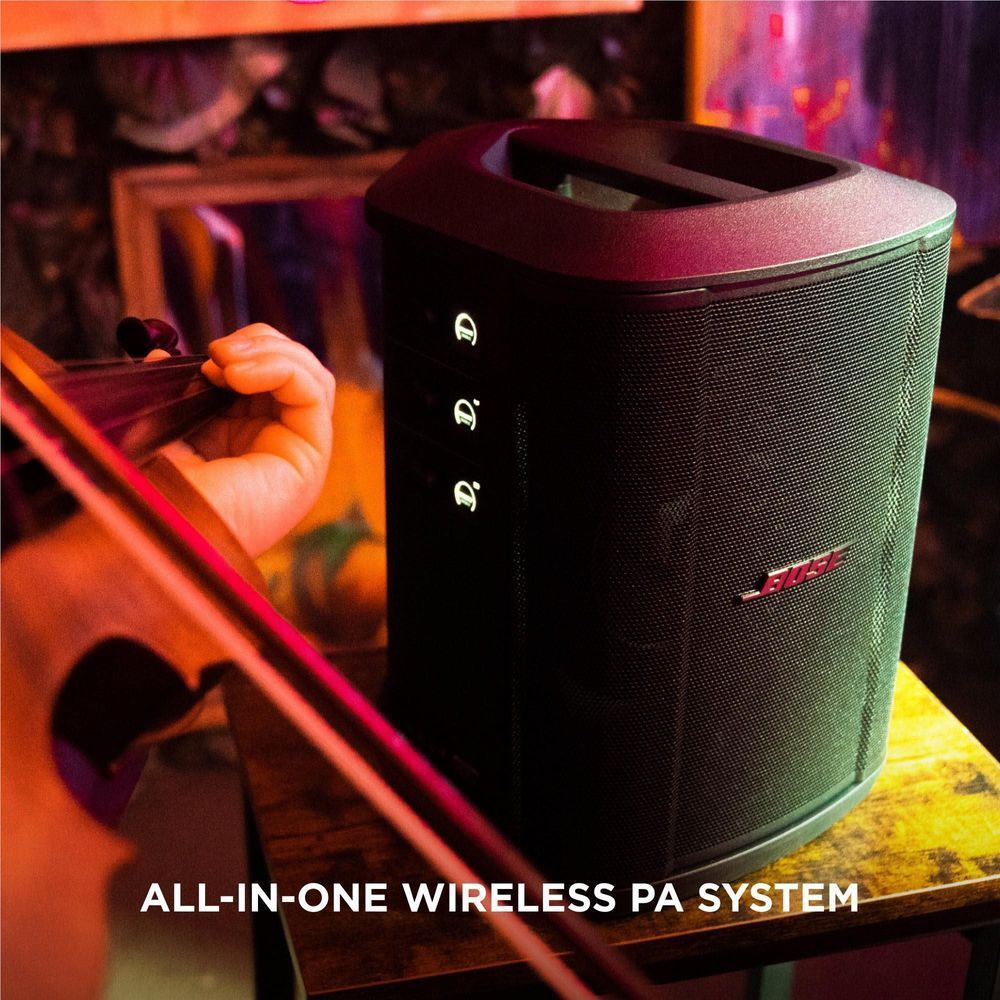 Black Bose portable PA speaker in wireless mode, front grille and Bose logo visible