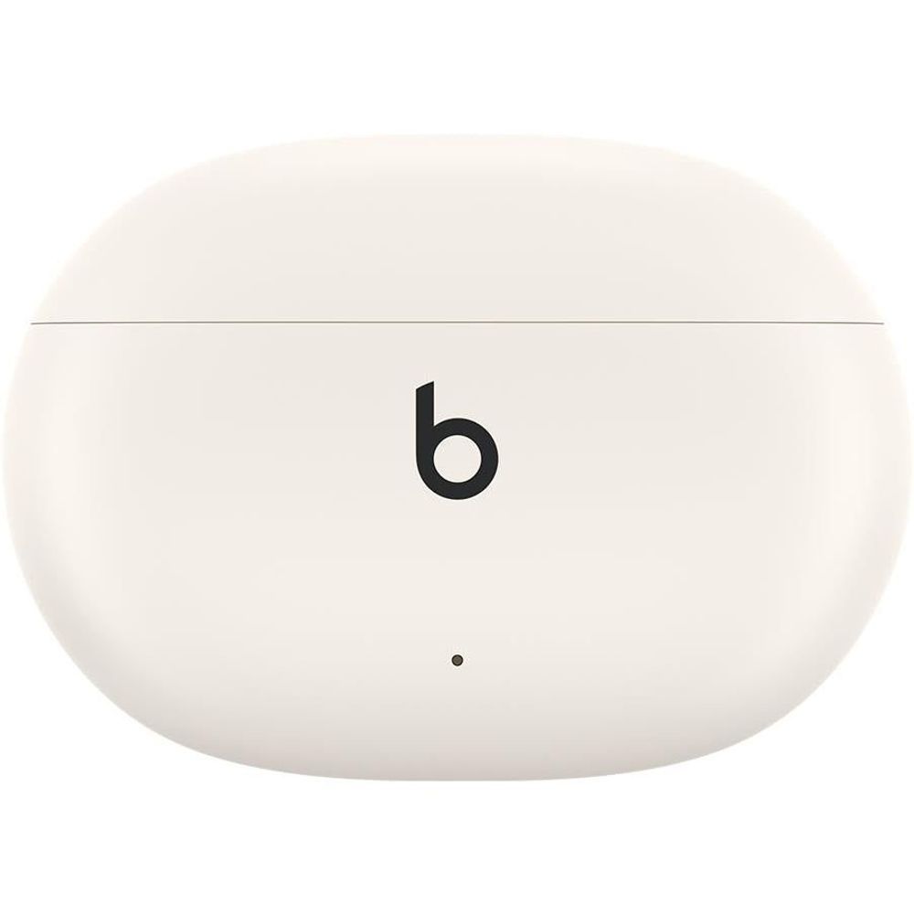 Ivory Beats true wireless earbuds charging case front, b logo centered