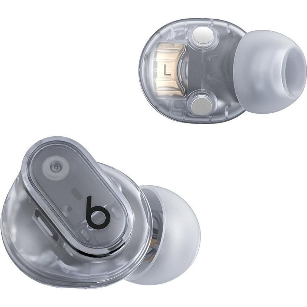 Transparent earbuds with one earbud labeled L, silicone tips attached