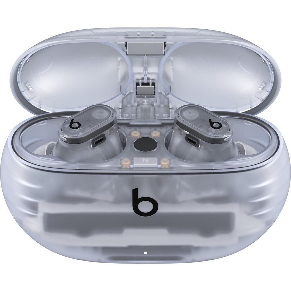 Transparent charging case open with two earbuds and internal charging contacts