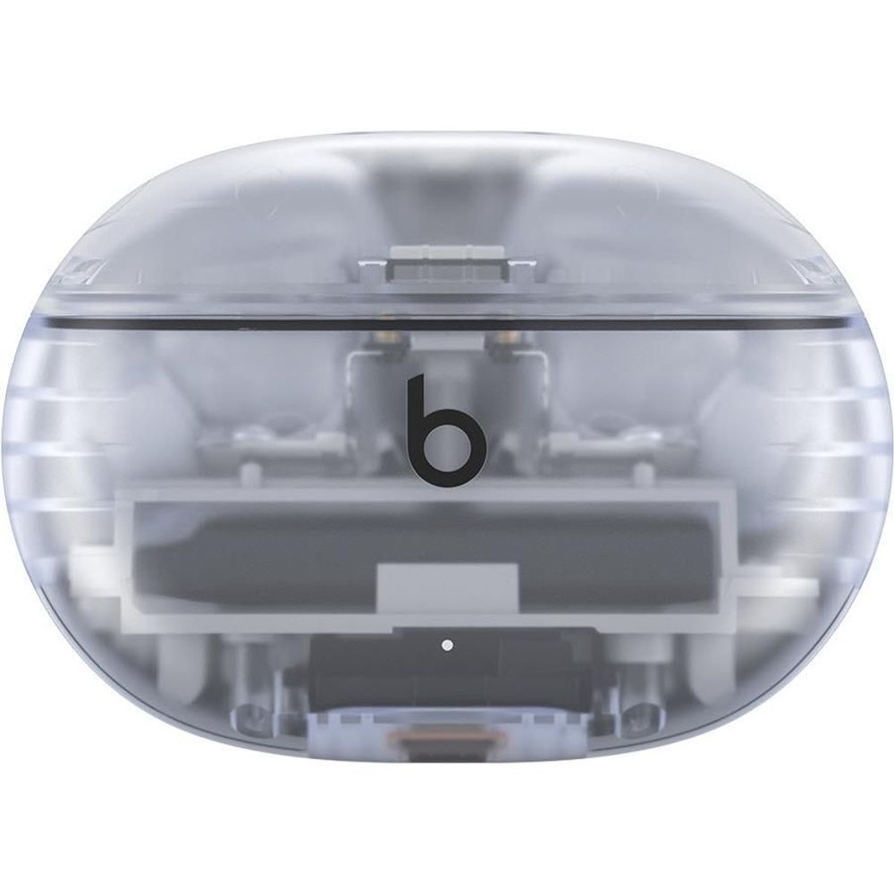 Transparent charging case close-up of internal charging bay and b logo