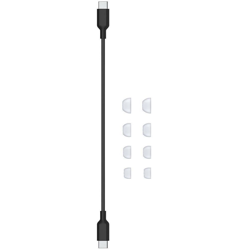 Black USB cable (USB-A to USB-C) with four white earbud tip covers