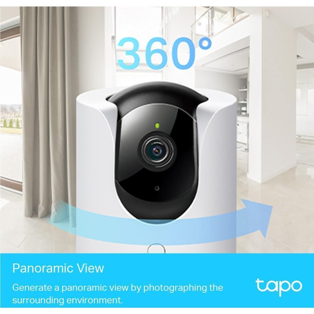 White indoor Wi‑Fi security camera with wide-angle 360° coverage arrows