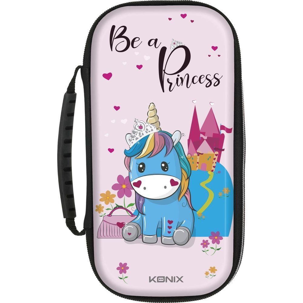 Pink zip carry bag with "Be a Princess" print and unicorn cartoon graphic