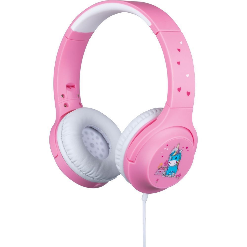 Pink wired gaming headset with cushioned ear pads and unicorn princess side graphic
