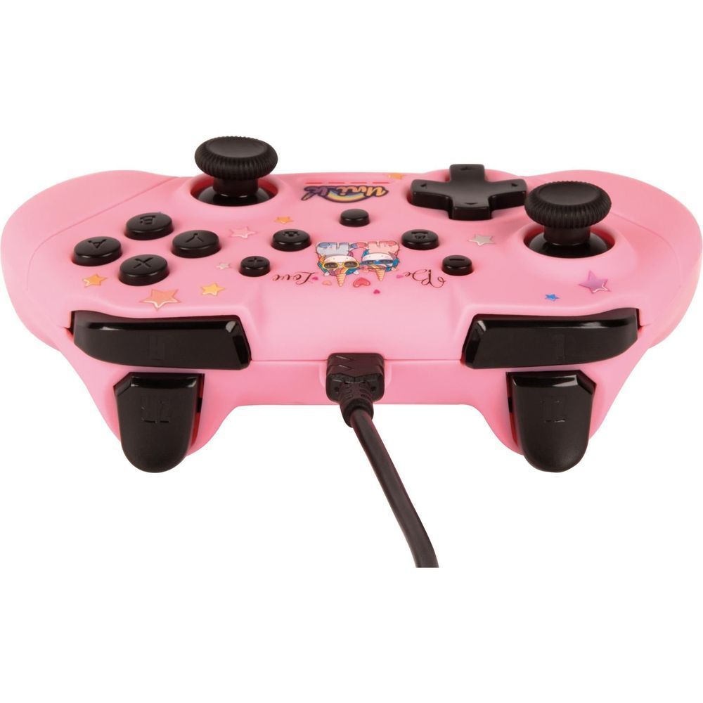 Pink wired game controller top view with black thumbsticks and star button layout