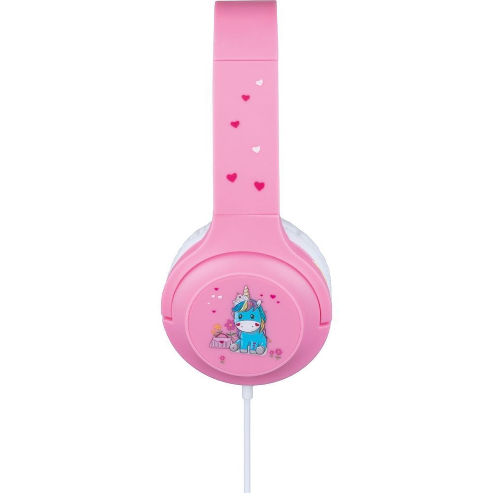 Pink wired gaming headset headband with unicorn princess logo on earcup