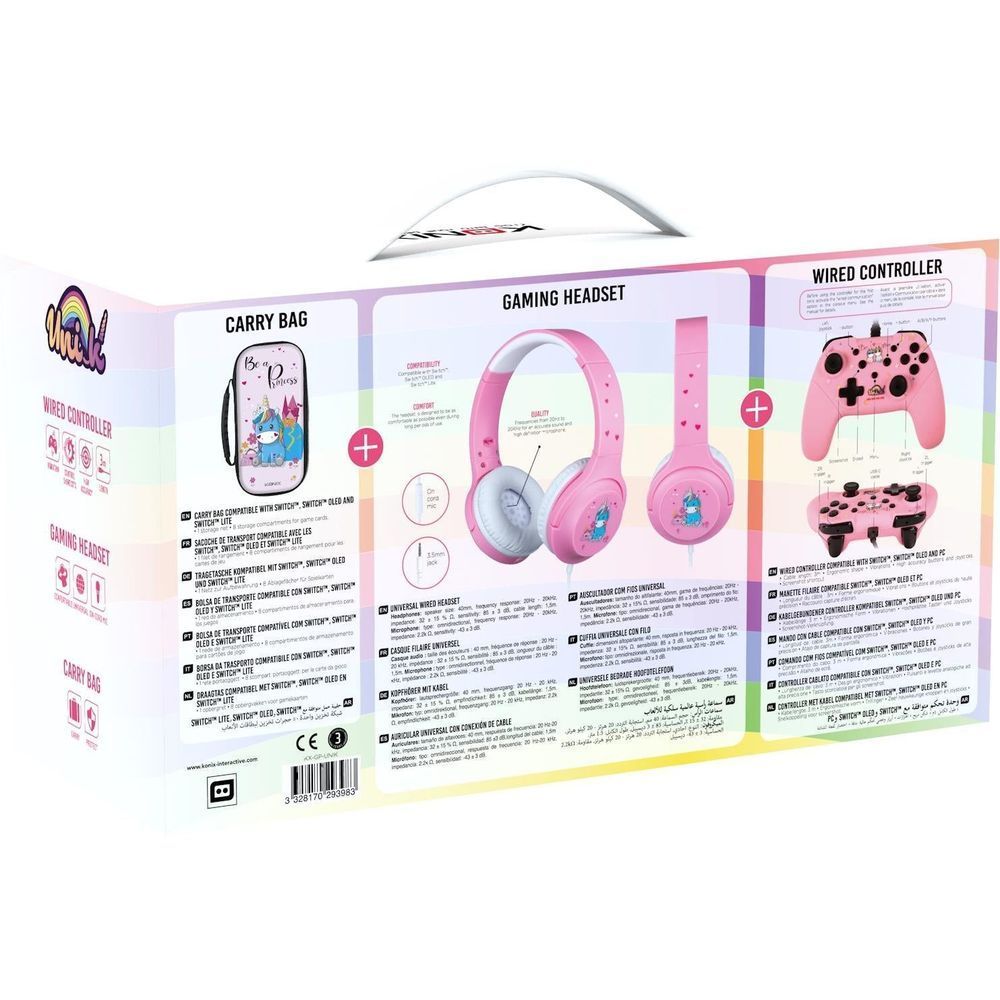 Gaming pack box back showing wired controller, gaming headset, and carry bag icons