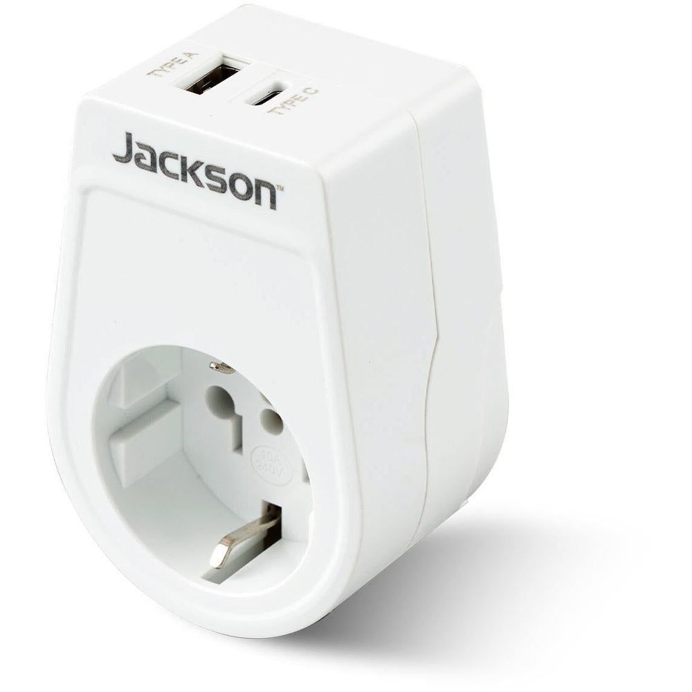 White travel plug adapter with AU-style outlet and USB-A/C ports