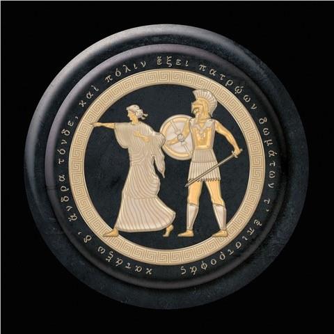 Antique-style circular wall plaque with gold Greek warrior relief and border