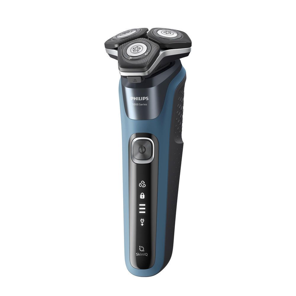 Blue and black electric foil shaver with three rotary heads and power button