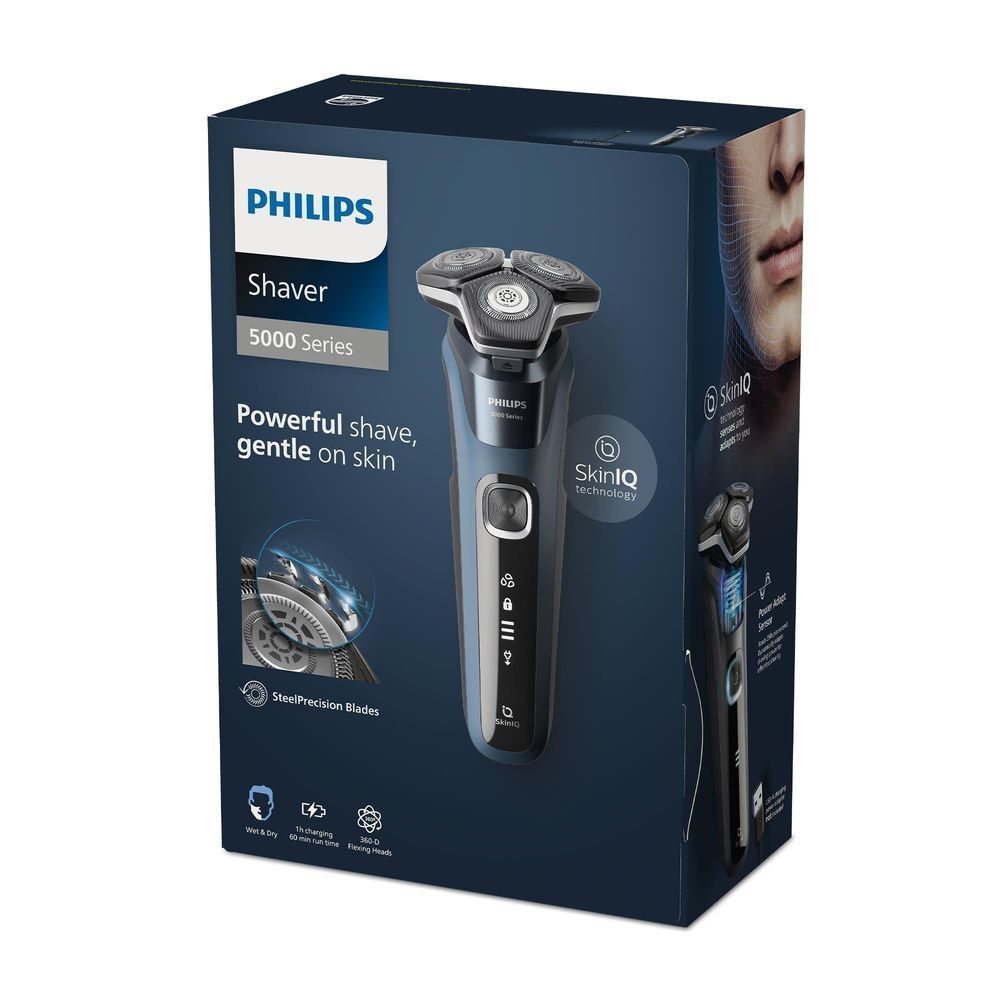 Philips 5000 Series shaver retail box with pictured blue and black shaver