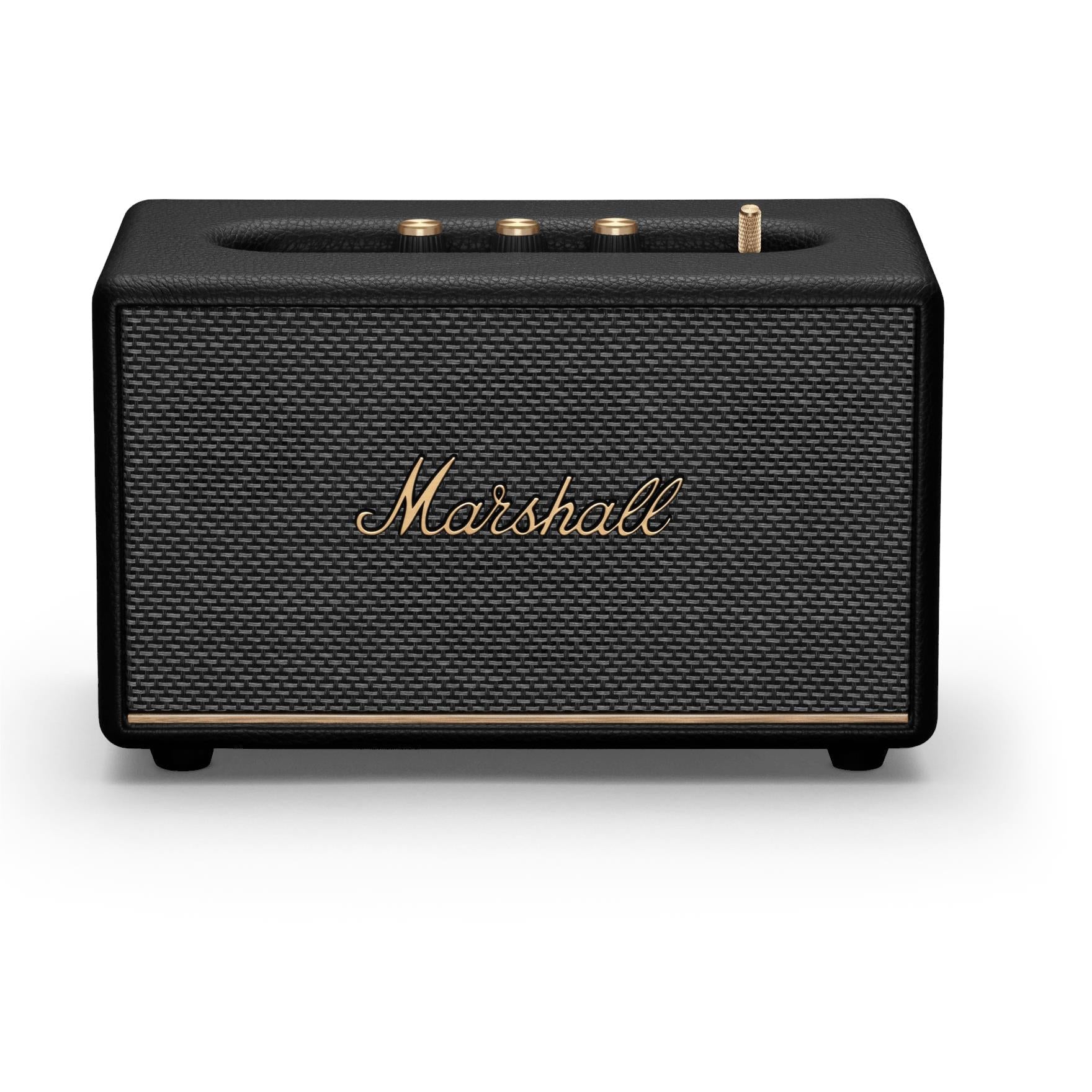 Black wireless Bluetooth speaker with textured grille and gold Marshall logo on front