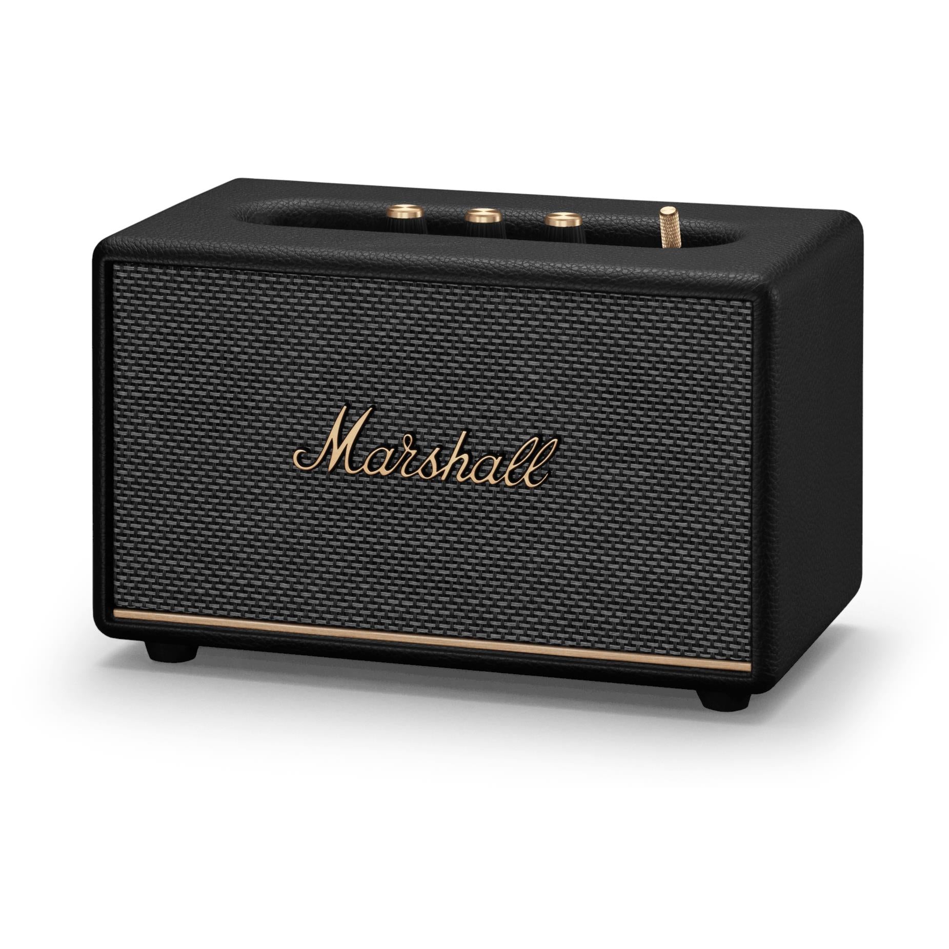 Black wireless Bluetooth speaker angled view with textured grille and Marshall logo