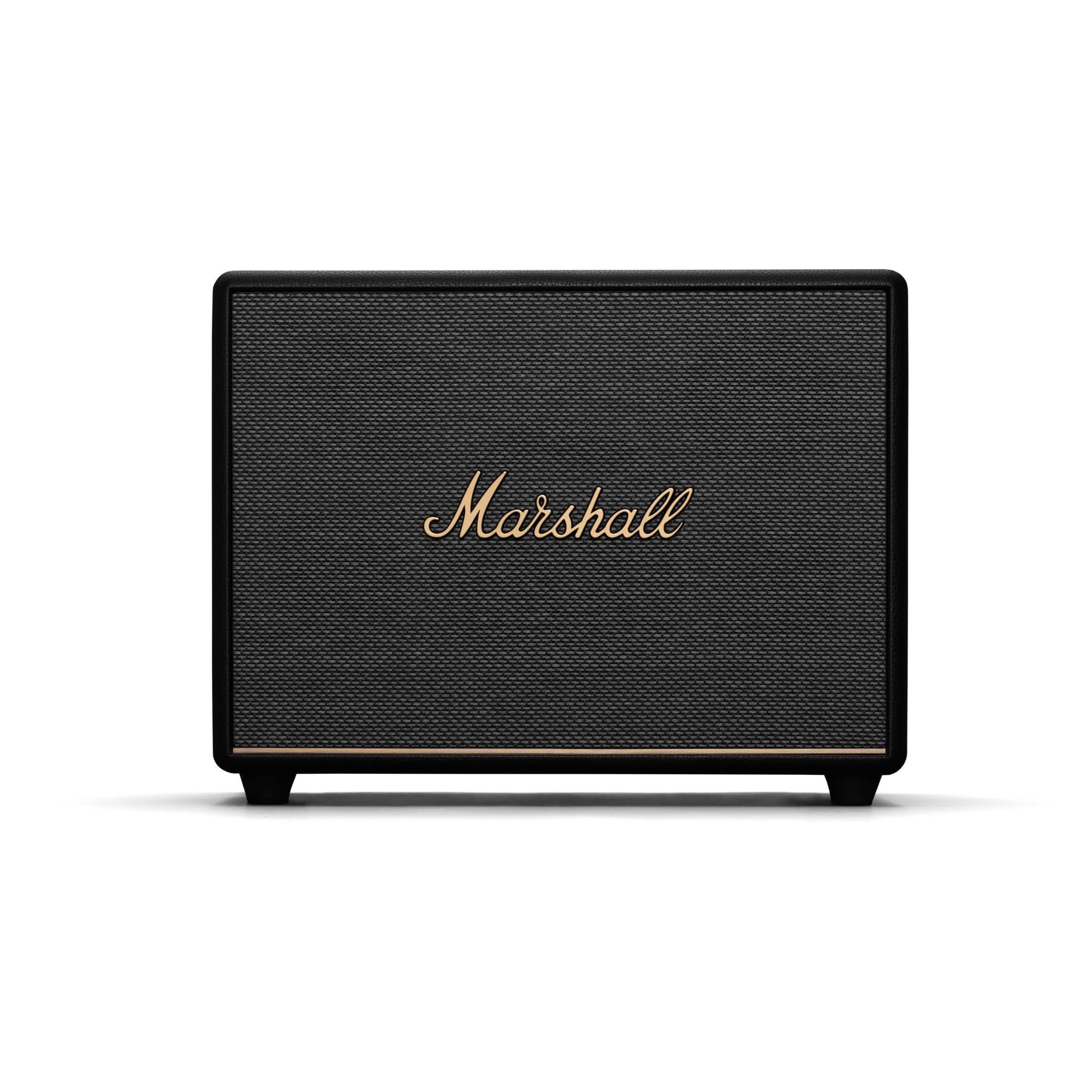 Black large Bluetooth speaker with fabric grille and Marshall logo on front